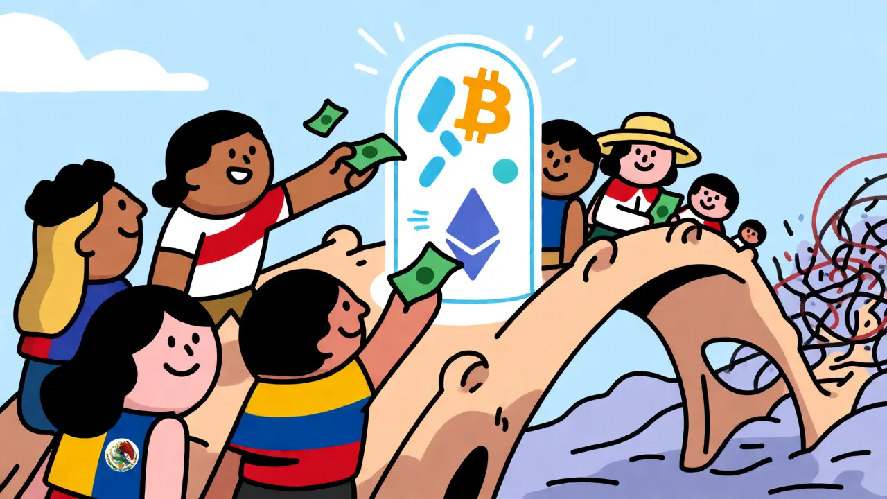 Illustration d'un pont reliant les banques locales aux cryptomonnaies via CryptoMarket.