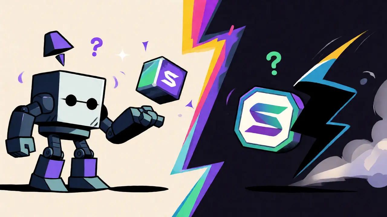 Illustration divisée montrant la confusion entre les réseaux Ethereum et Solana