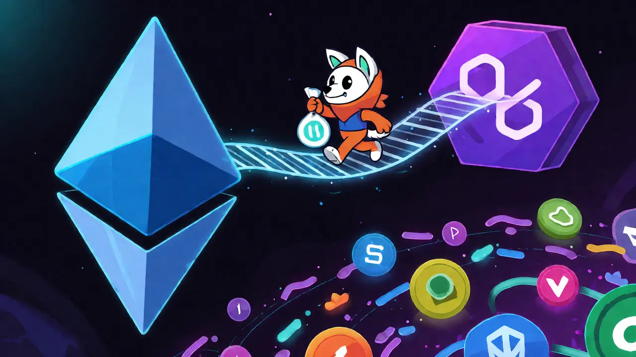 Le chien Dogelon traversant un pont énergétique entre deux réseaux blockchain.