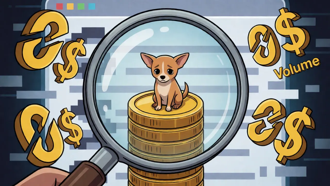 Loupe inspectant un contrat intelligent vide avec un petit chien triste.