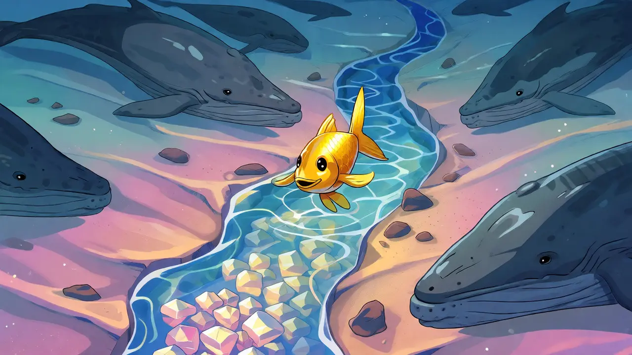 Métaphore visuelle de la faible liquidité avec un petit poisson dans un ruisseau étroit.