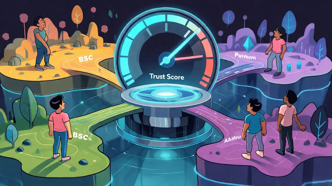 Paysage numérique futuriste avec un score de confiance central reliant plusieurs réseaux blockchain.