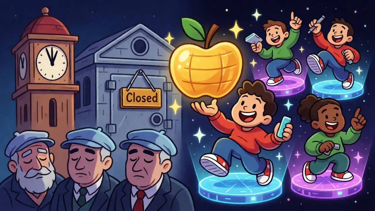 Scène animée montrant les marchés fermés la nuit contre le trading crypto actif 24h/24 dans l'espace.