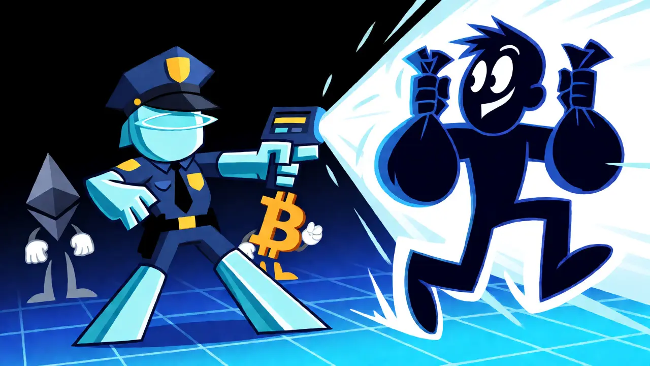 Scène cartoon montrant le gel des fonds illicites sur la blockchain TRON par une unité financière.