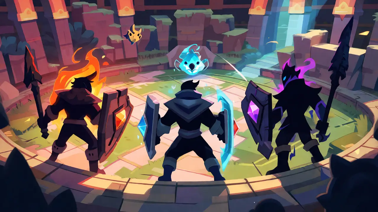 Trois héros de jeu vidéo aux styles distincts prêts au combat dans une arène stratégique inspirée des MOBA.