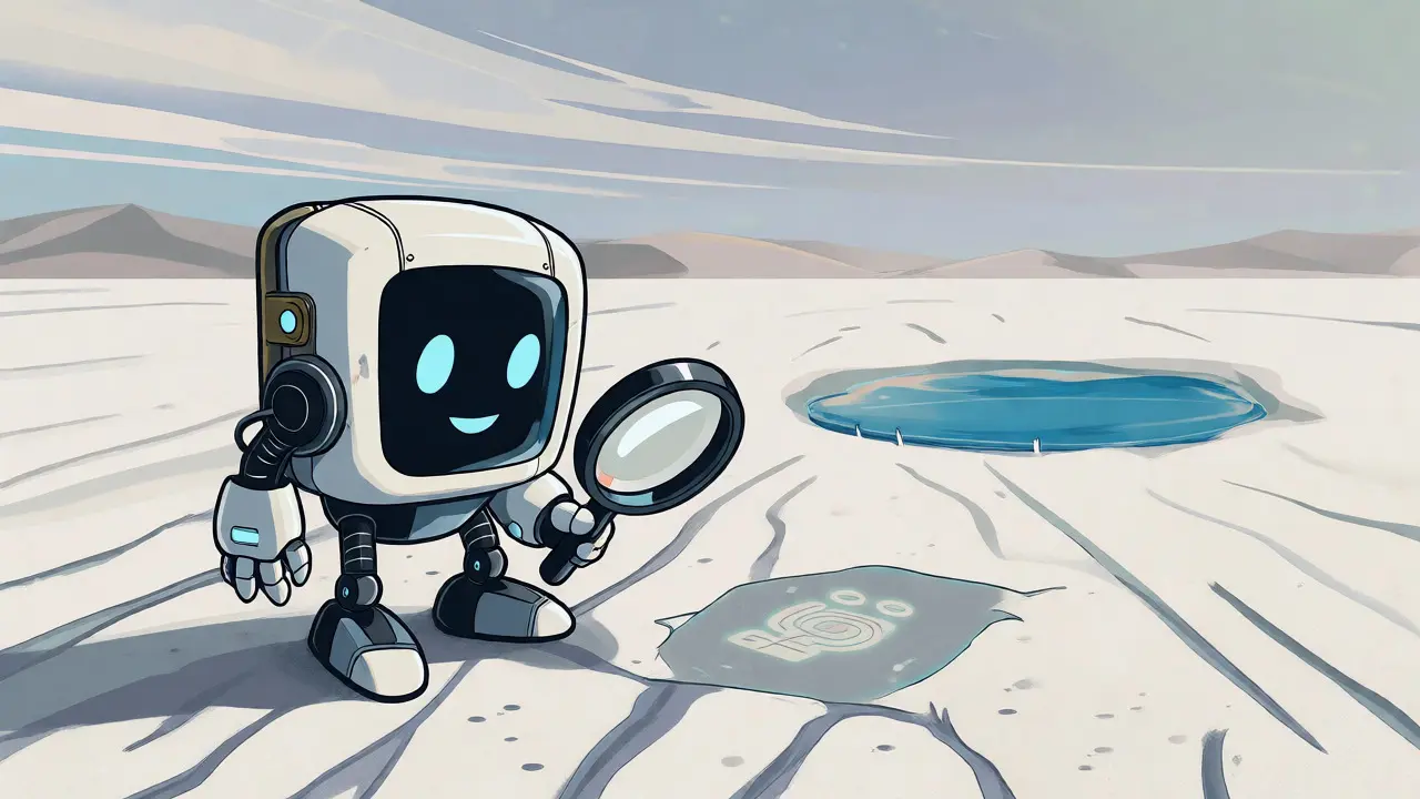 Un petit robot wallet seul dans un désert vide illustrant le manque de liquidité actuel.