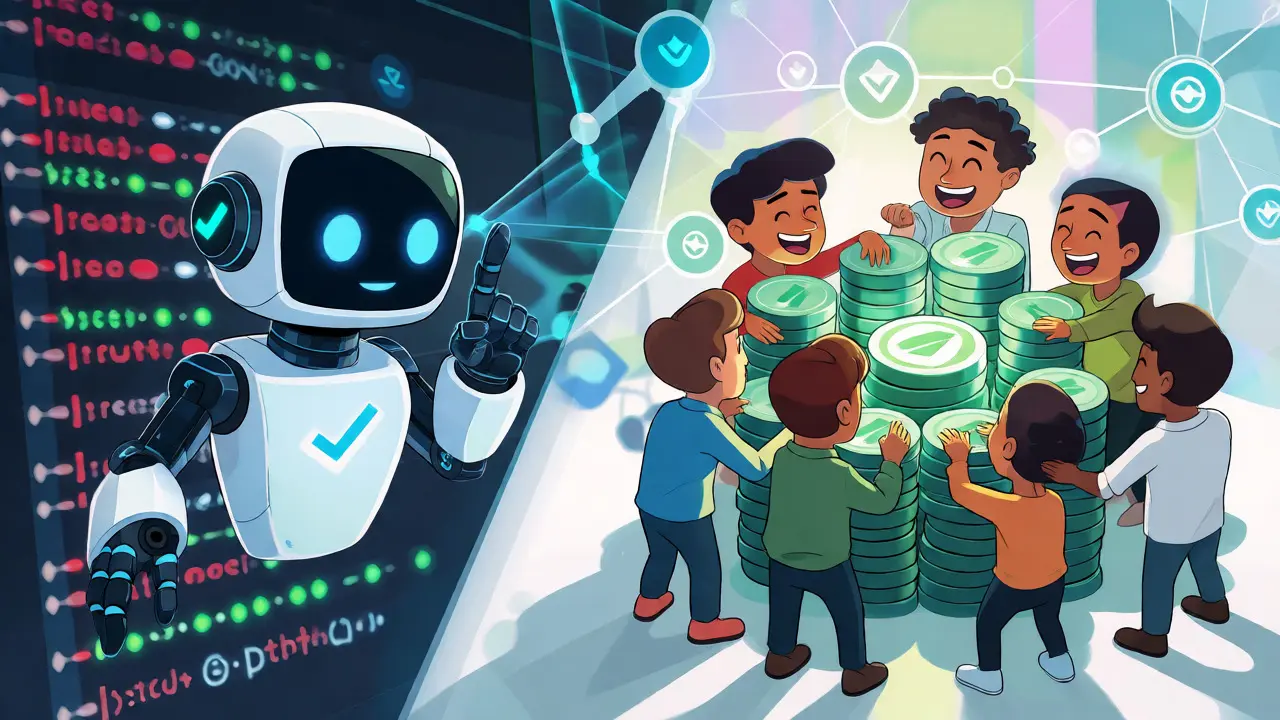 Un robot IA analyse le code tandis qu'une communauté unie protège un jeton.