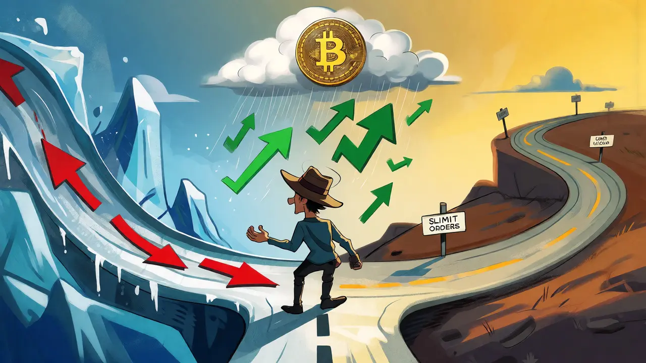 Un trader choisissant entre une glissade risquée et une route sûre pour gérer ses ordres crypto.
