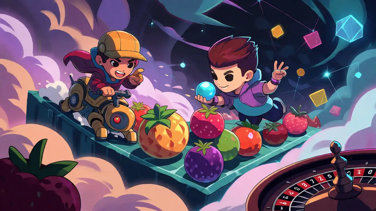 Une bataille PvP cartoon avec des avatars chevauchant des animaux mécaniques sur un chemin de fruits colorés.