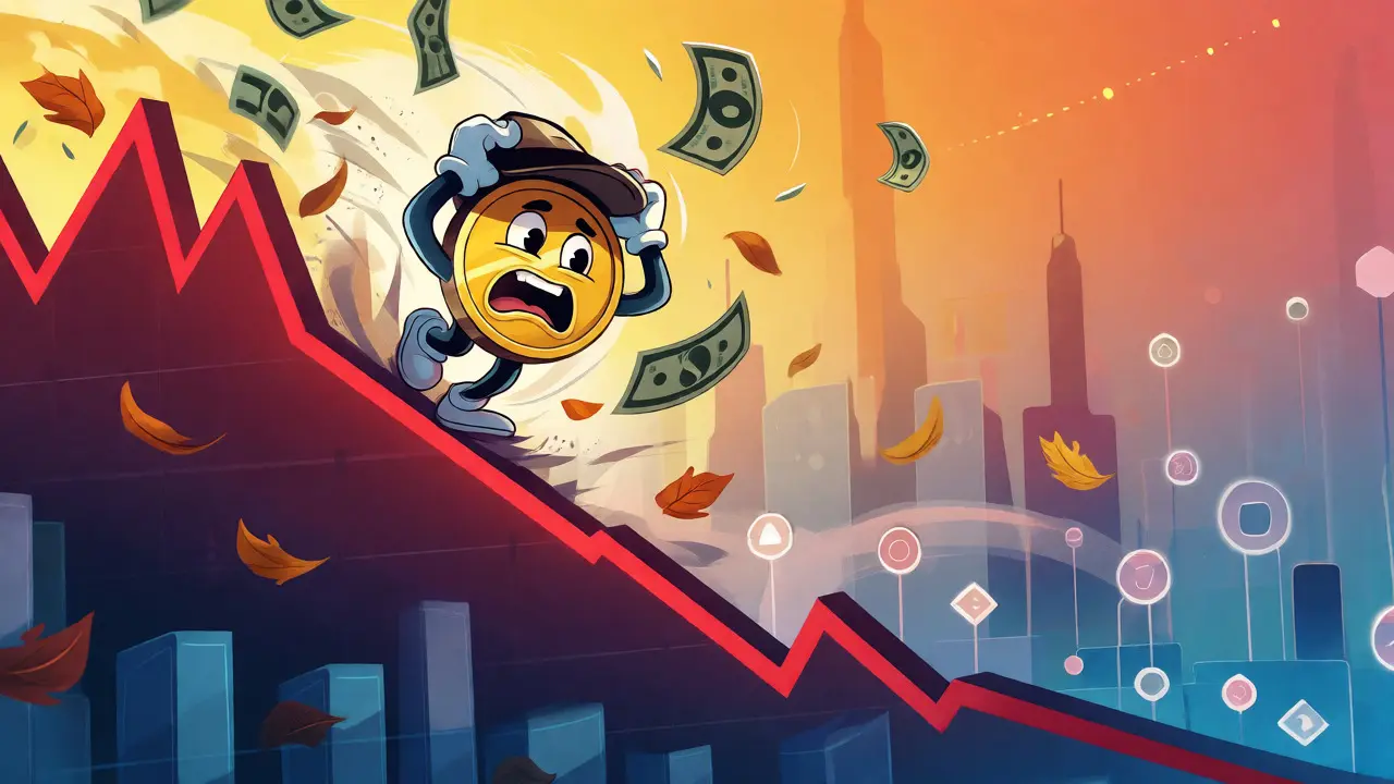 Une pièce de crypto glissant sur un graphique en chute libre