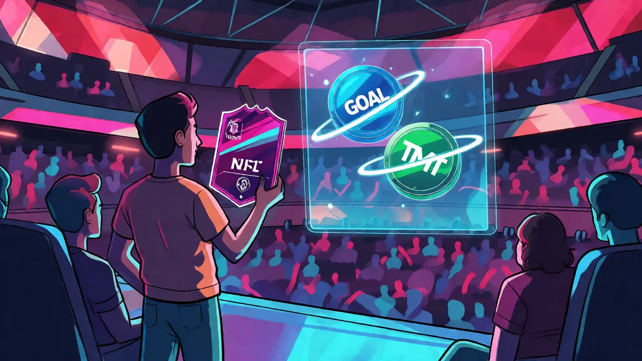 Avatar dans un stade virtuel futuriste tenant une carte NFT avec des jetons orbitaux.