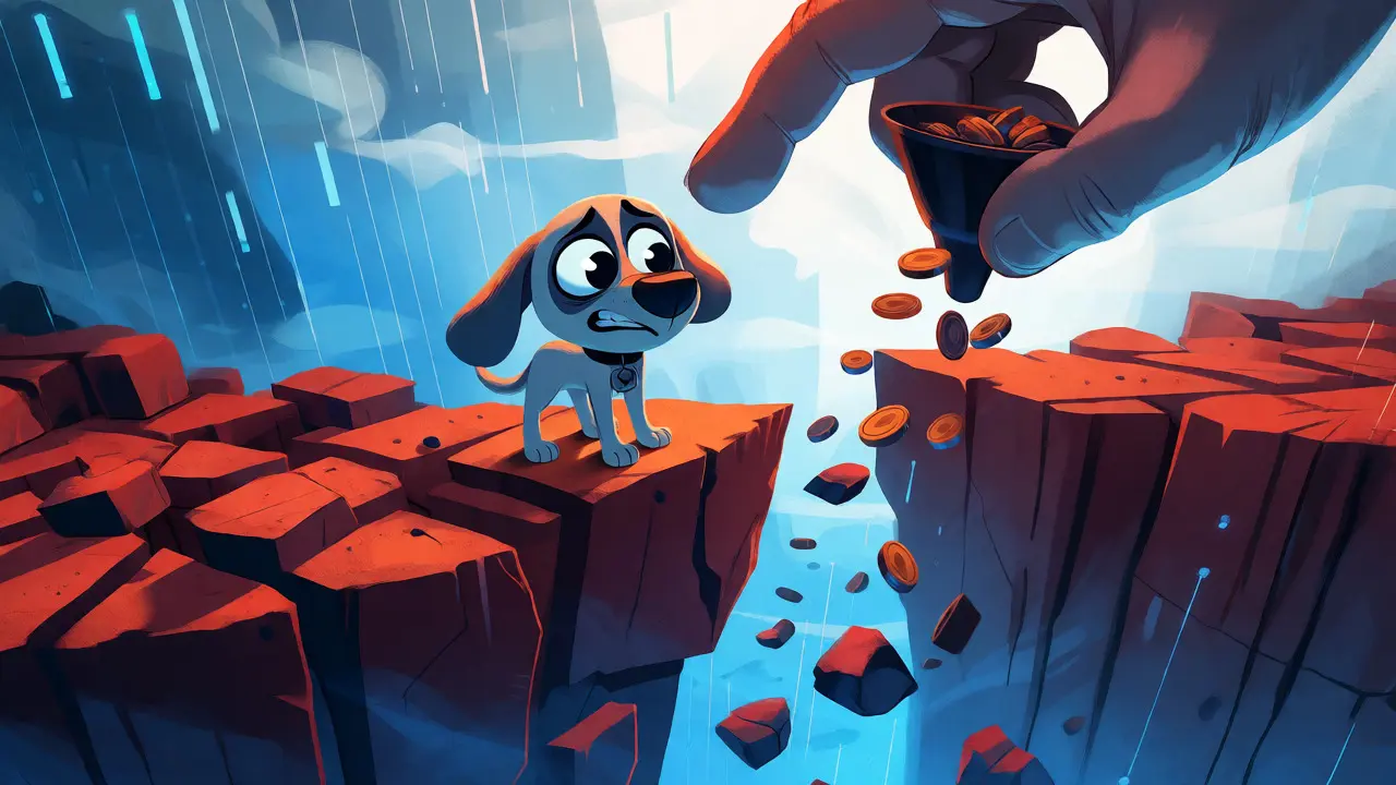 Chien MELON au bord d'une falaise représentant le crash du prix