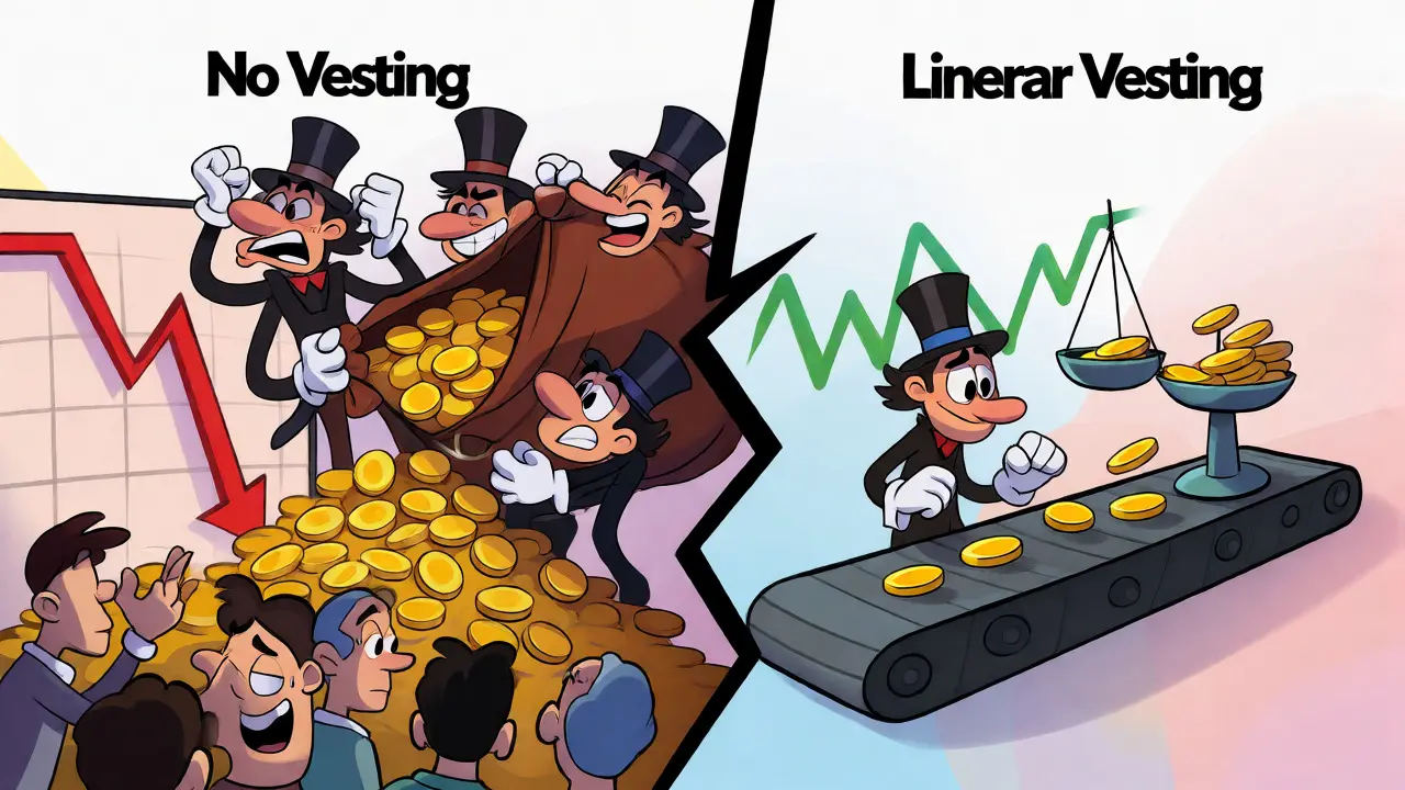 Comparaison visuelle entre le chaos d'une vente massive et la stabilité du vesting linéaire.