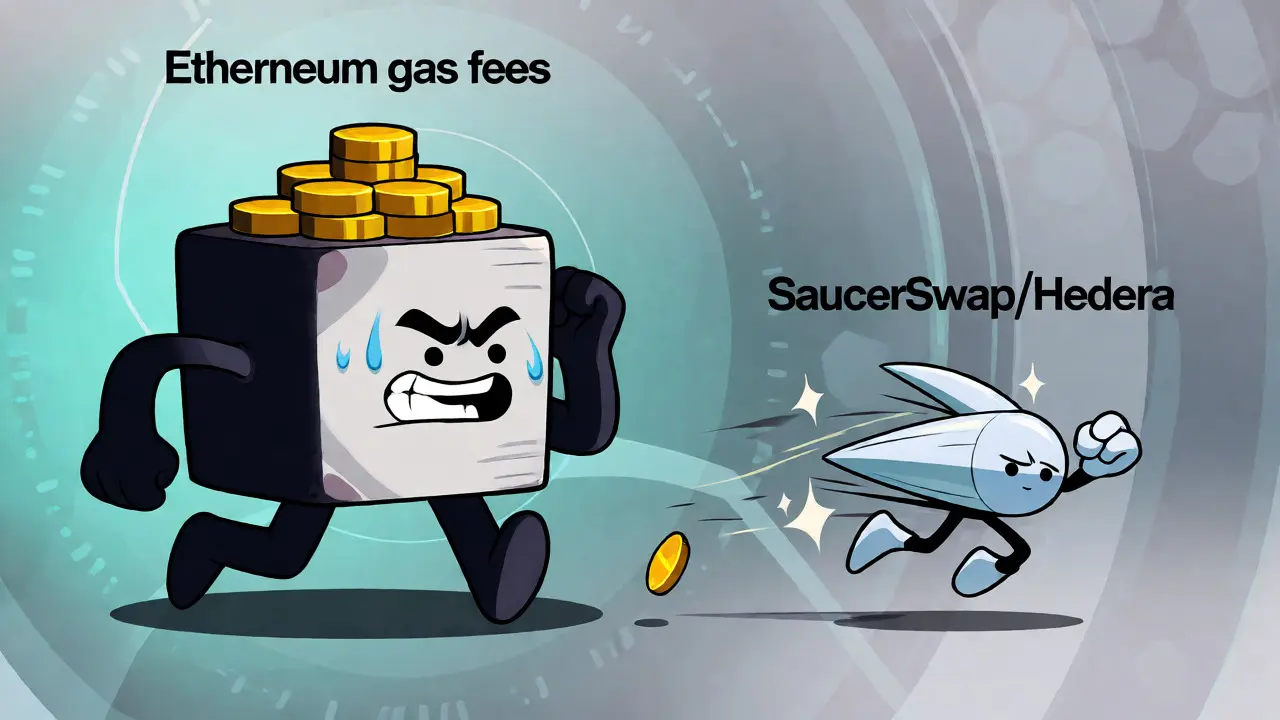 Comparaison visuelle entre les frais élevés d'Ethereum et la rapidité de SaucerSwap