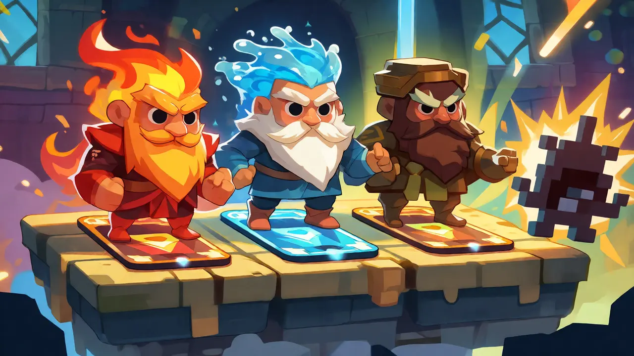 Dieux mythologiques cartoon se battant sur des cartes NFT flottantes dans un style de jeu vidéo simplifié et coloré.