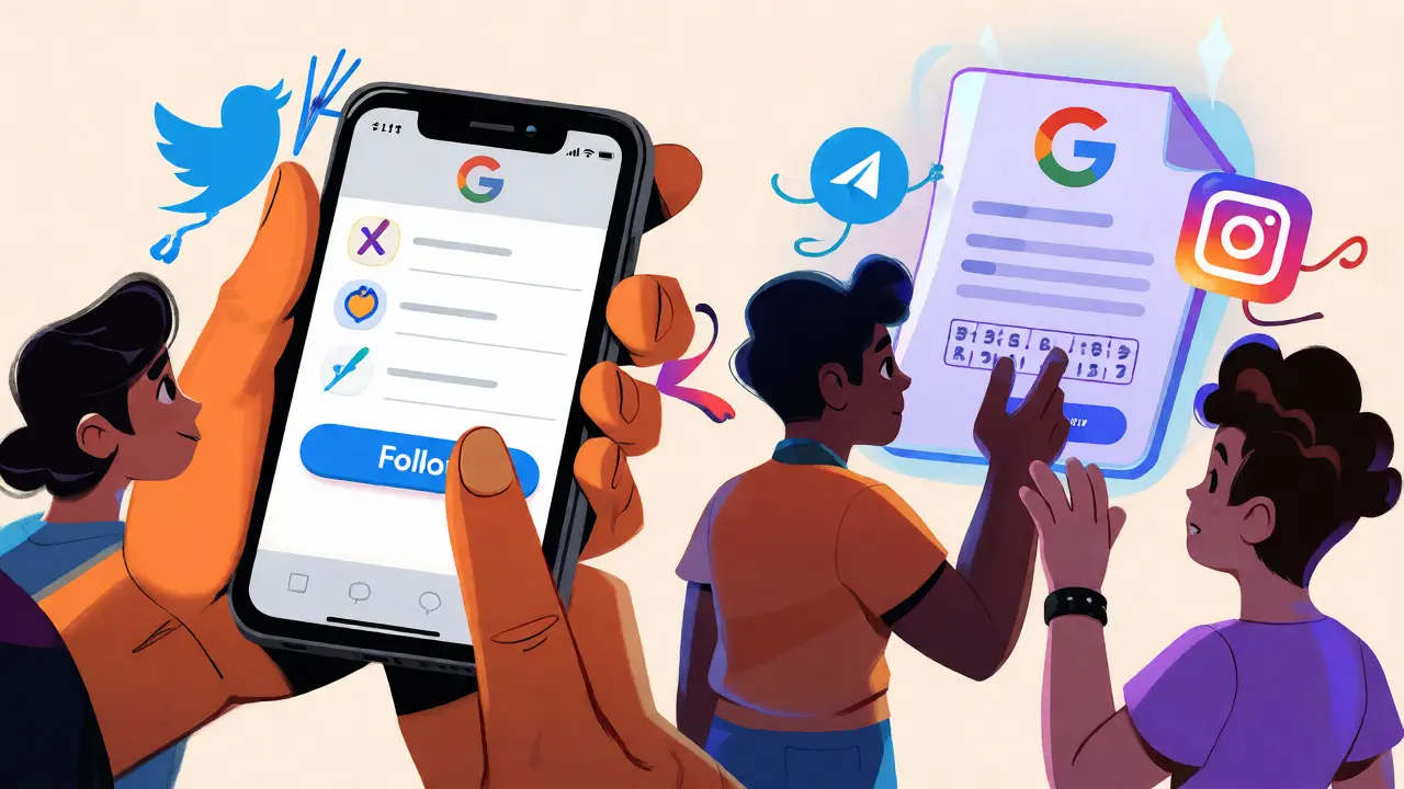 Groupe de personnages interactifs avec des boutons de suivi et un formulaire géant dans un style cartoon.