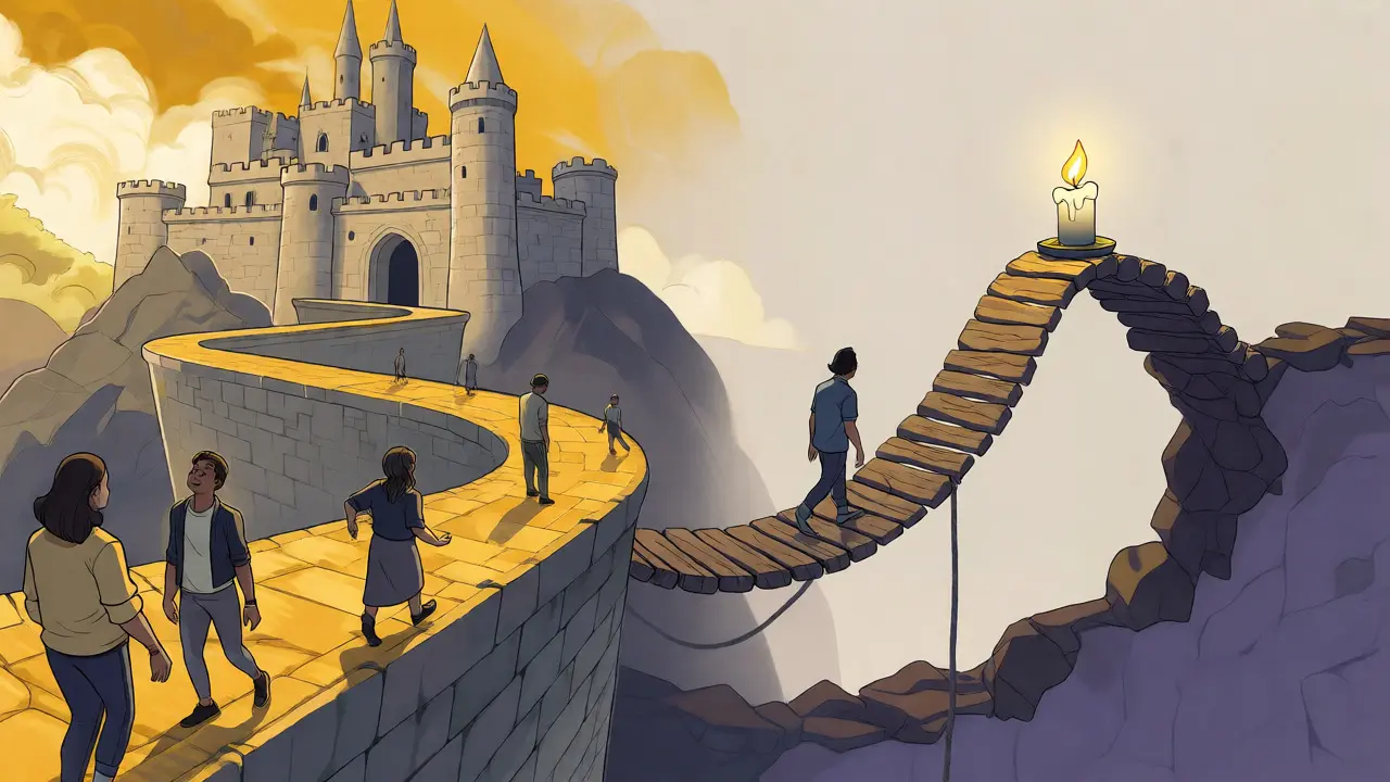 Illustration comparant une route stable et un pont fragile pour les cryptos