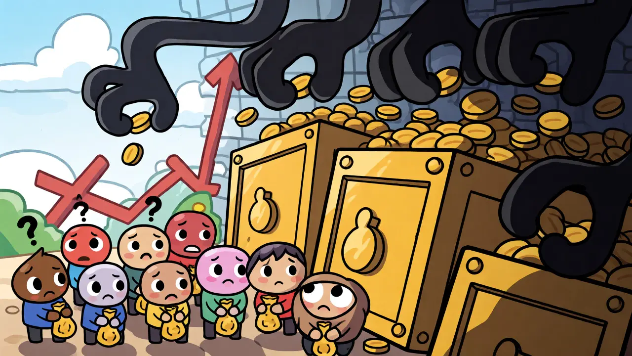 Illustration de la manipulation du marché avec des mains géantes capturant les jetons des petits utilisateurs.