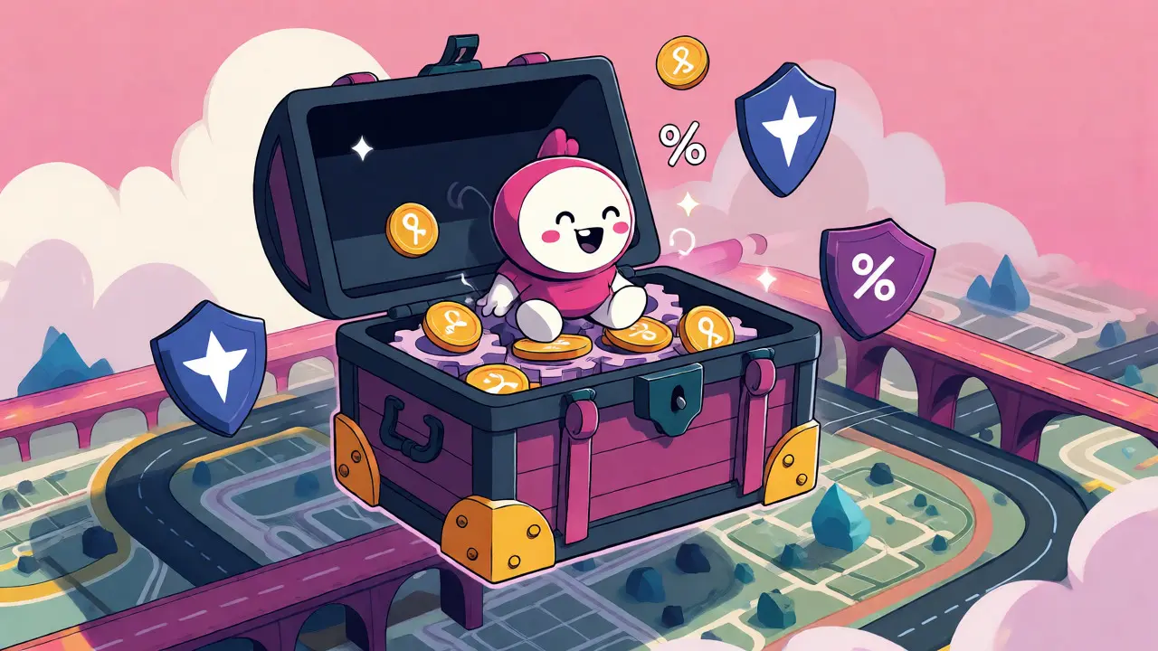 Mascotte assise dans un coffre rempli de tokens et d'engrenages