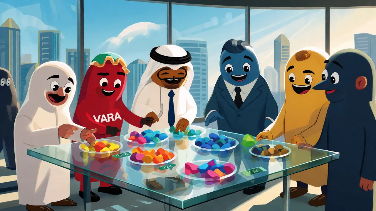 Mascottes réglementaires triant des jetons dans un bureau lumineux.