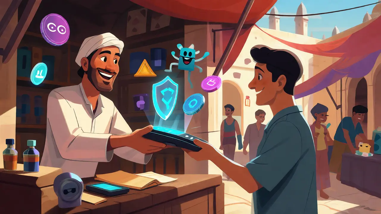 Paiement crypto sécurisé au marché avec icônes flottantes animées.