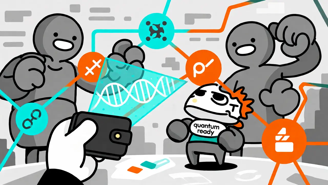 Personnage Anryton face à des géants de la crypto dans une scène de marché dynamique.