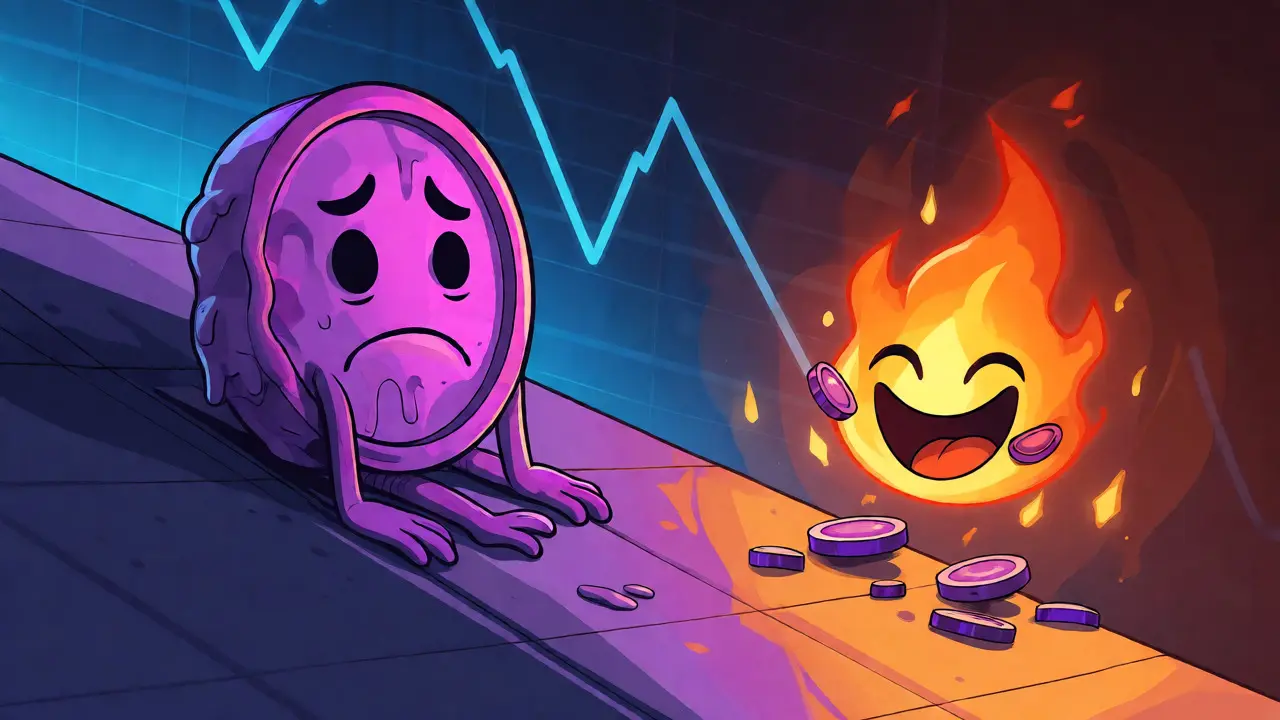 Personnage de token triste sur une pente descendante face à une créature de feu brûlant des jetons pour réduire l'offre.