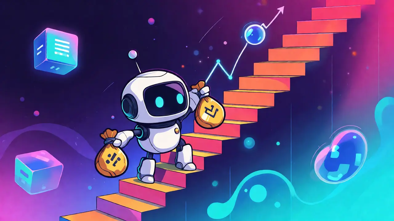 Robot grimpant une courbe de liaison colorée sur la blockchain Base.