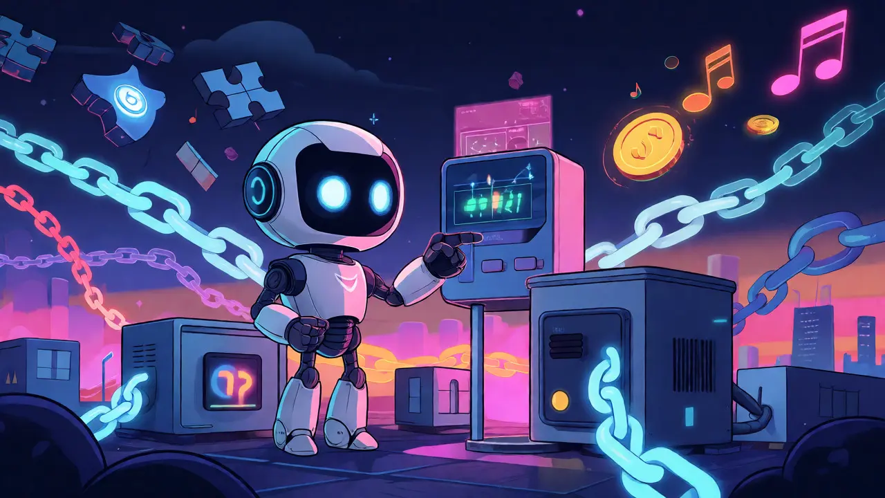 Robot IA entouré d'appareils connectés et de jetons immobiliers illustrant la convergence Web3.