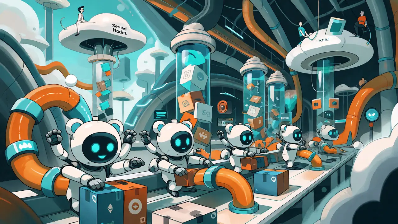 Robots indexeurs triant les flux de données de plusieurs blockchains dans une ville futuriste.