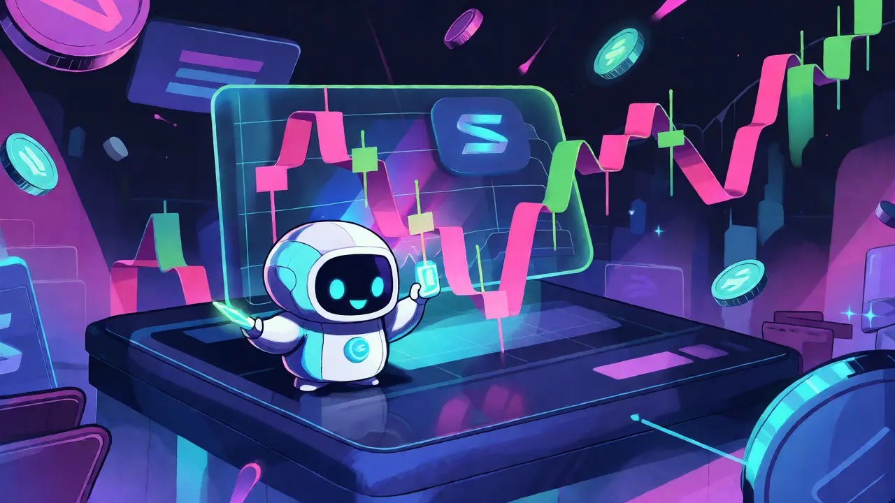 Scène de trading animée avec des jetons et graphiques abstraits