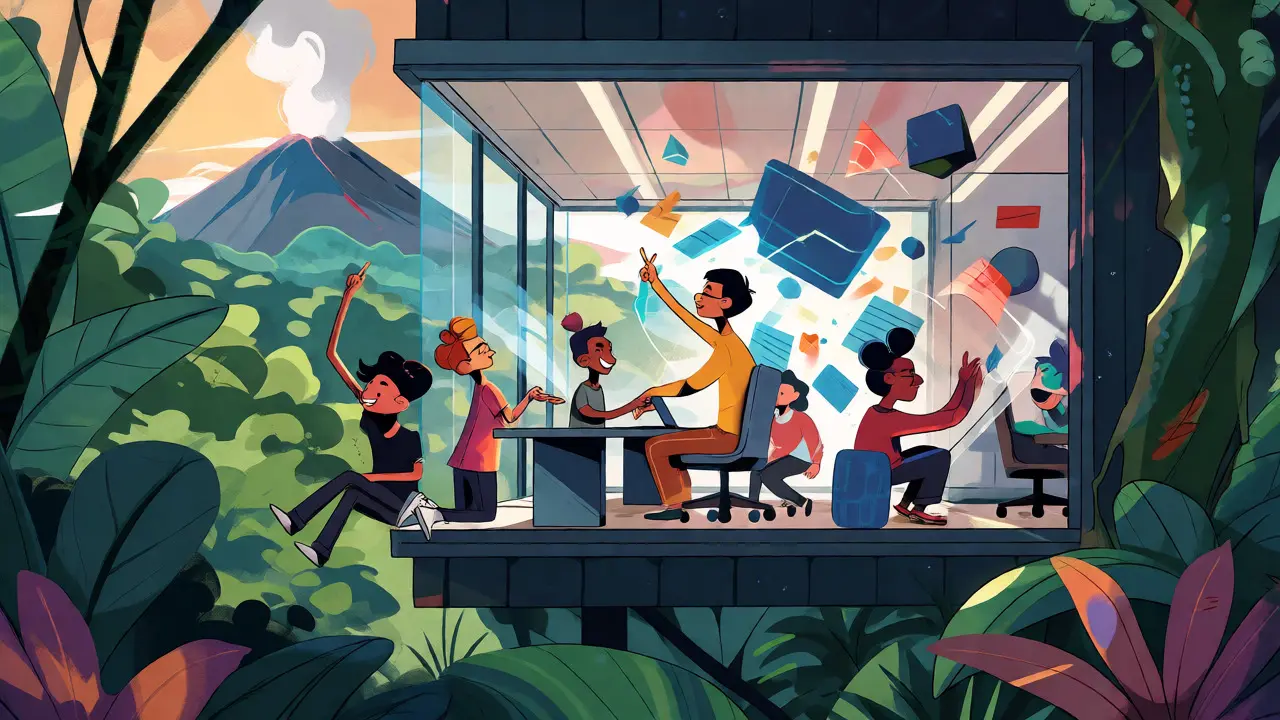 Startup crypto innovante intégrée à la jungle costaricaine, style illustration