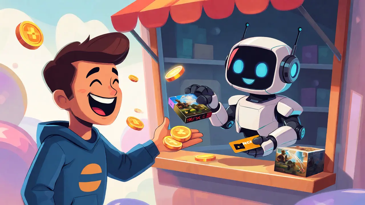 Un joueur échange ses cryptos contre des jeux vidéo chez un vendeur robotique.