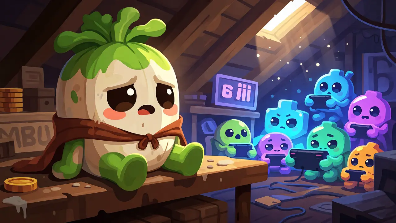 Un personnage légume négligé sur une étagère poussiéreuse parmi des cryptos actifs.