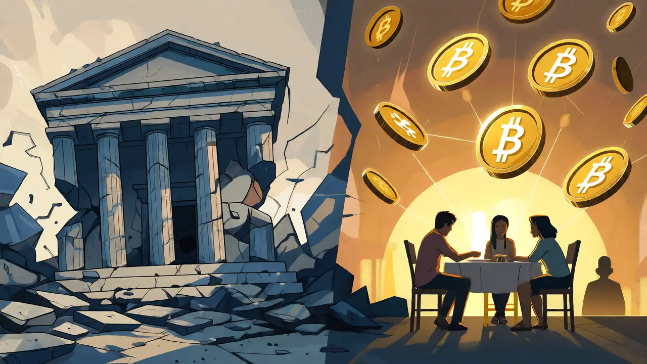 Une banque effondrée d'un côté et des pièces cryptographiques dorées reliant une famille de l'autre.