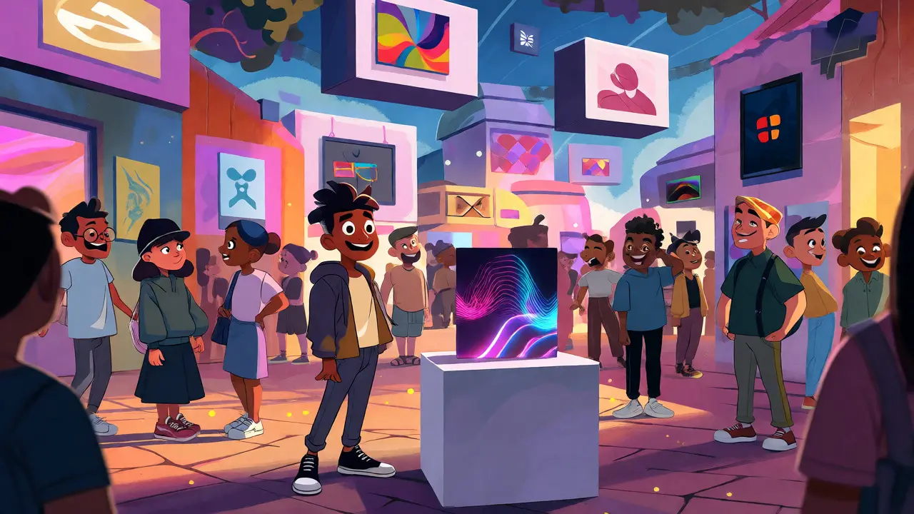 Une place de marché animée où des collectionneurs découvrent des œuvres d'art numériques flottantes.