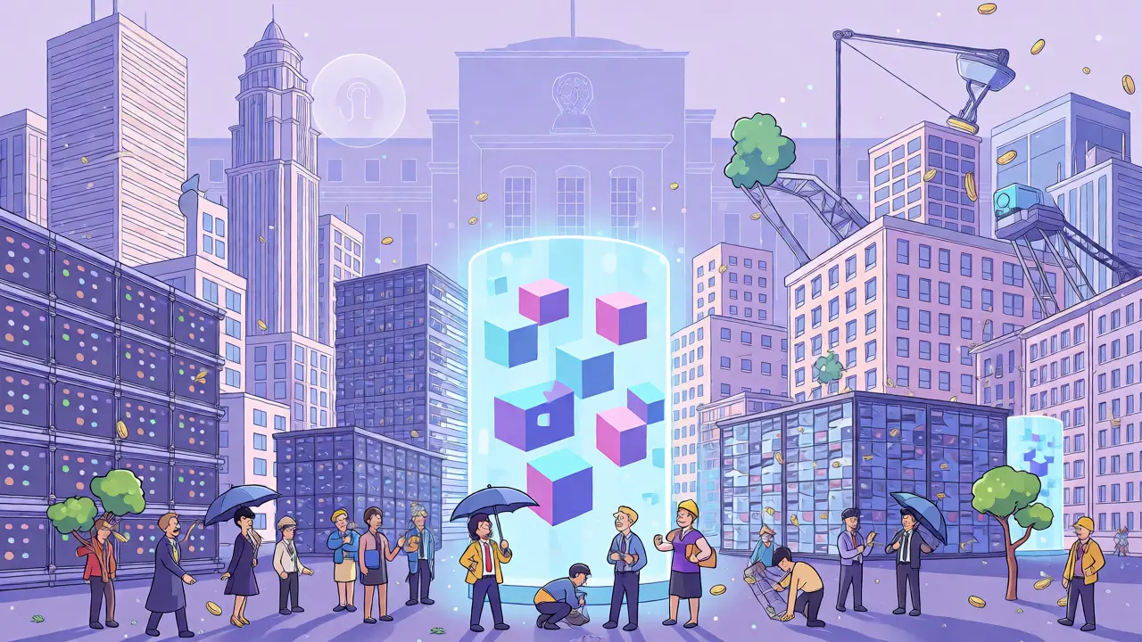 Ville futuriste cartoon où investisseurs et mineurs naviguent entre corrections et croissance.