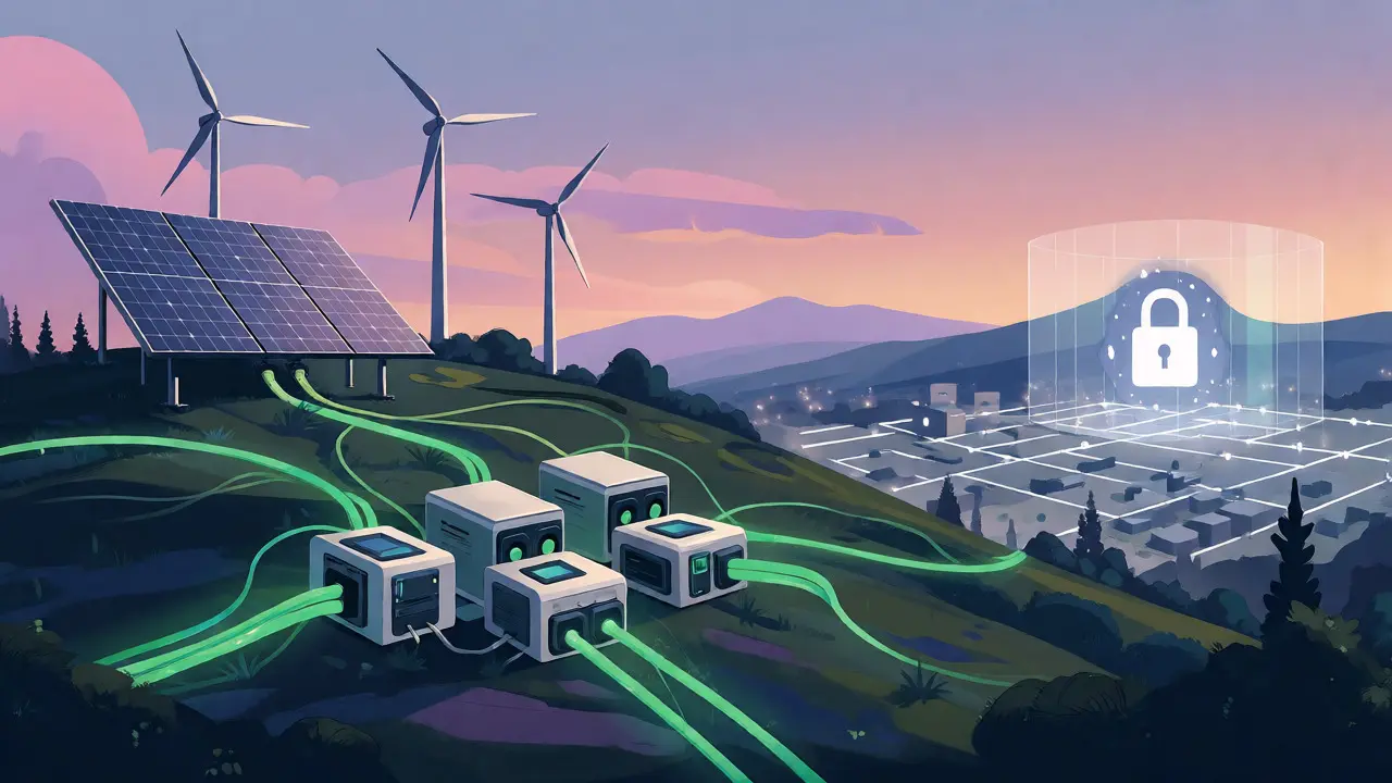 Visuel conceptuel du minage autonome alimenté par l'énergie solaire et éolienne au Kosovo en 2026.